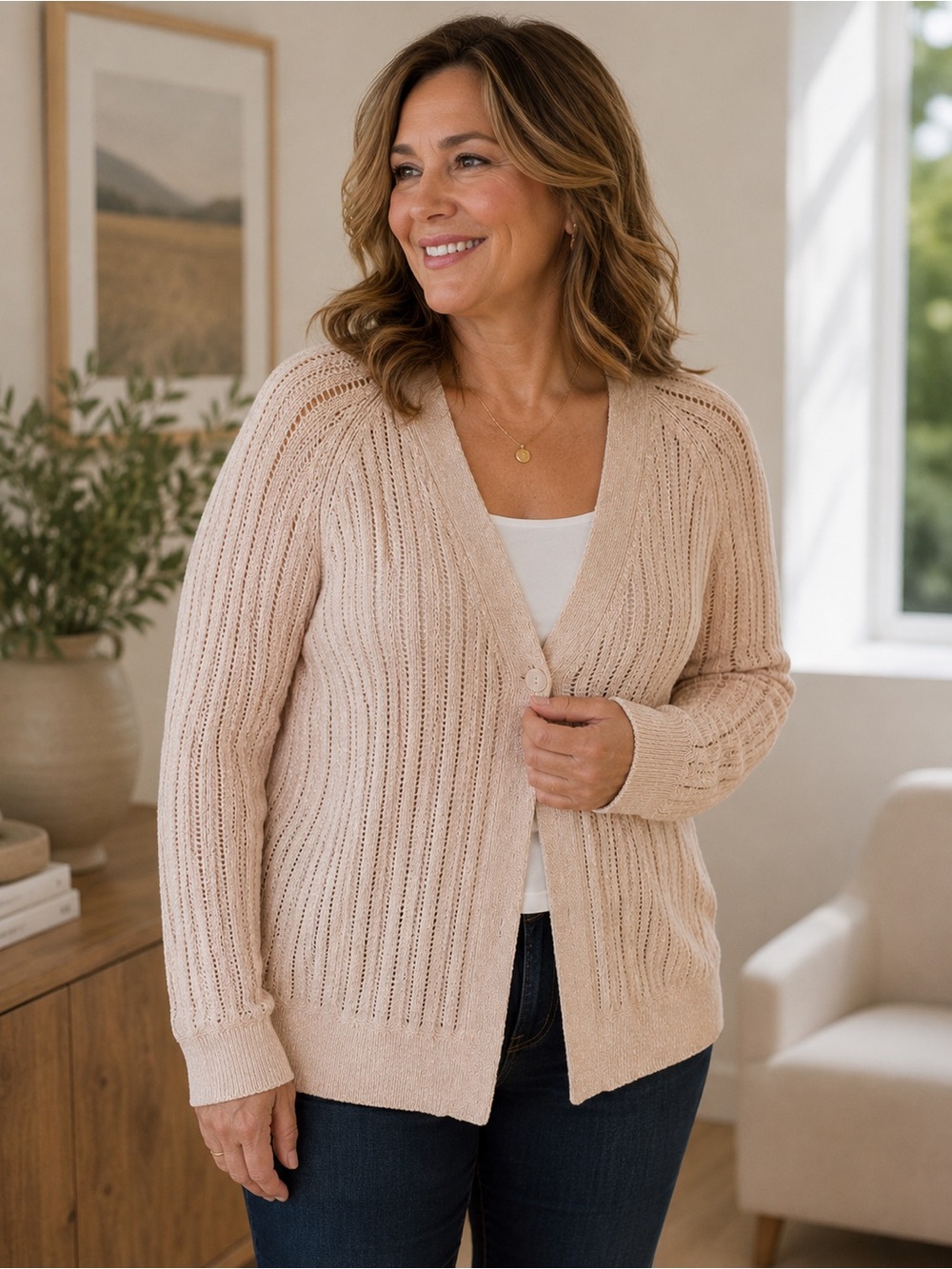 J.Jill Large Petite Beige Open Knit Button Front Cardigan Sweater